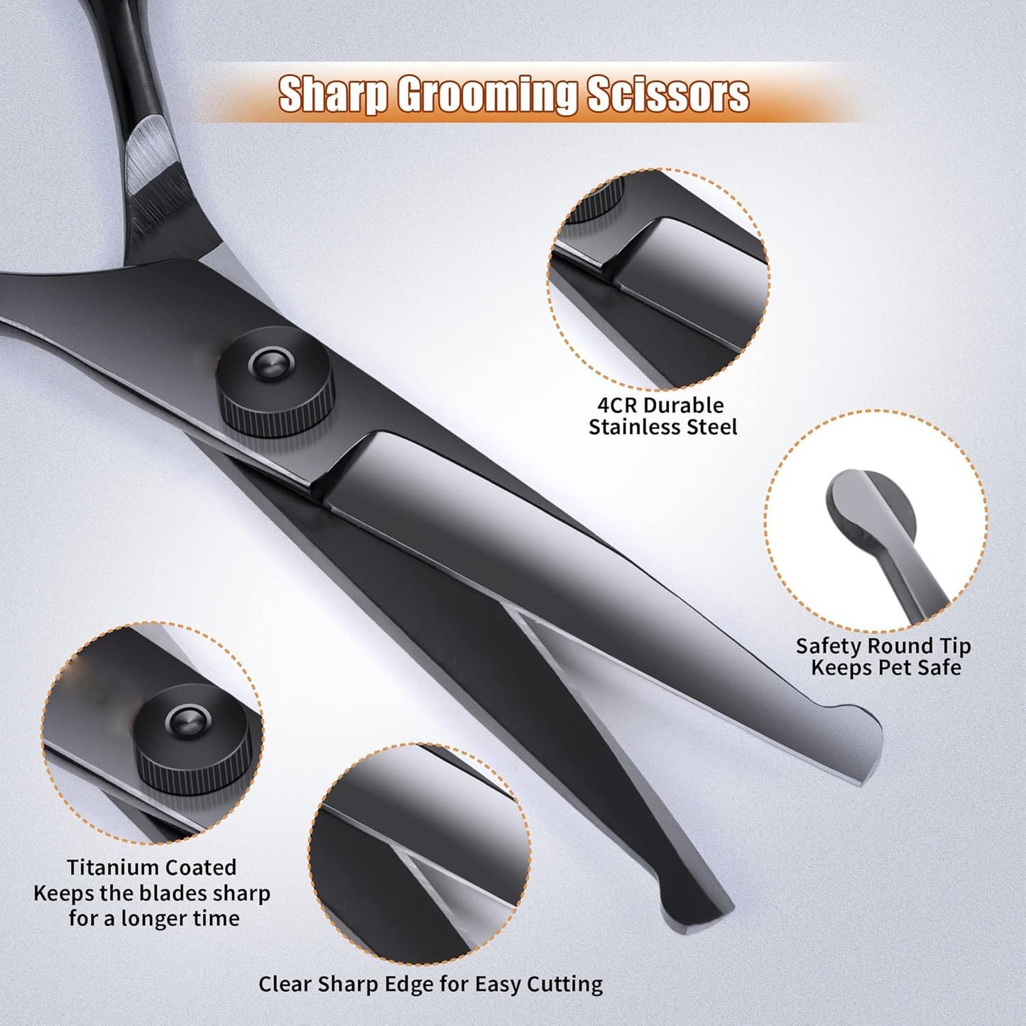 Professional 6-in-1 Titanium-Coated Dog & Cat Grooming Scissors Set - Safety Shears Kit for All Pet Sizes