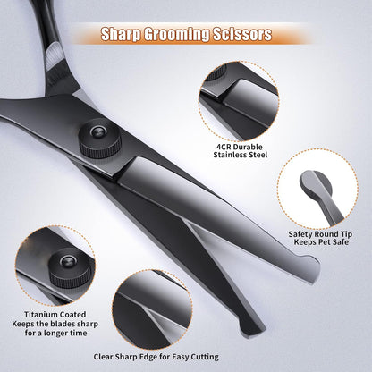 Professional 6-in-1 Titanium-Coated Dog & Cat Grooming Scissors Set - Safety Shears Kit for All Pet Sizes