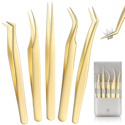 Bite Instruments 5-Piece Colorful Eyelash Tweezer Set with Case | Precision Stainless Steel Lash Extension Tools