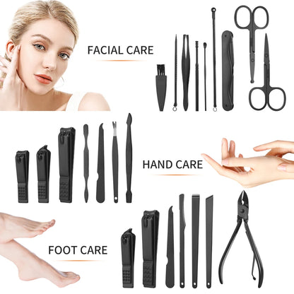 Bite Instruments 18-in-1 Manicure & Pedicure Kit | Black Stainless Steel Grooming Set