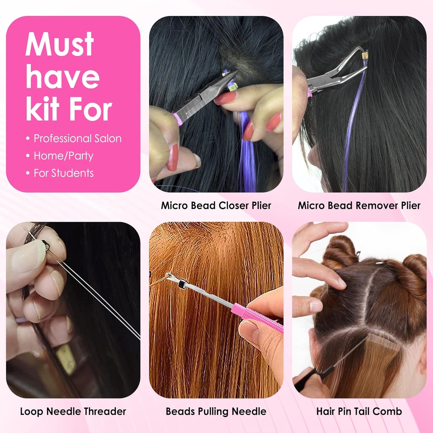 Hair Extension Tools- Stainless Steel Pliers Set for Micro Beads 1 Crochet Needle 1 Pulling Hook with Tail Comb