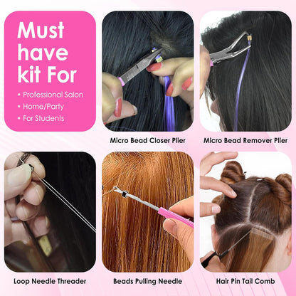 Hair Extension Tools- Stainless Steel Pliers Set for Micro Beads 1 Crochet Needle 1 Pulling Hook with Tail Comb