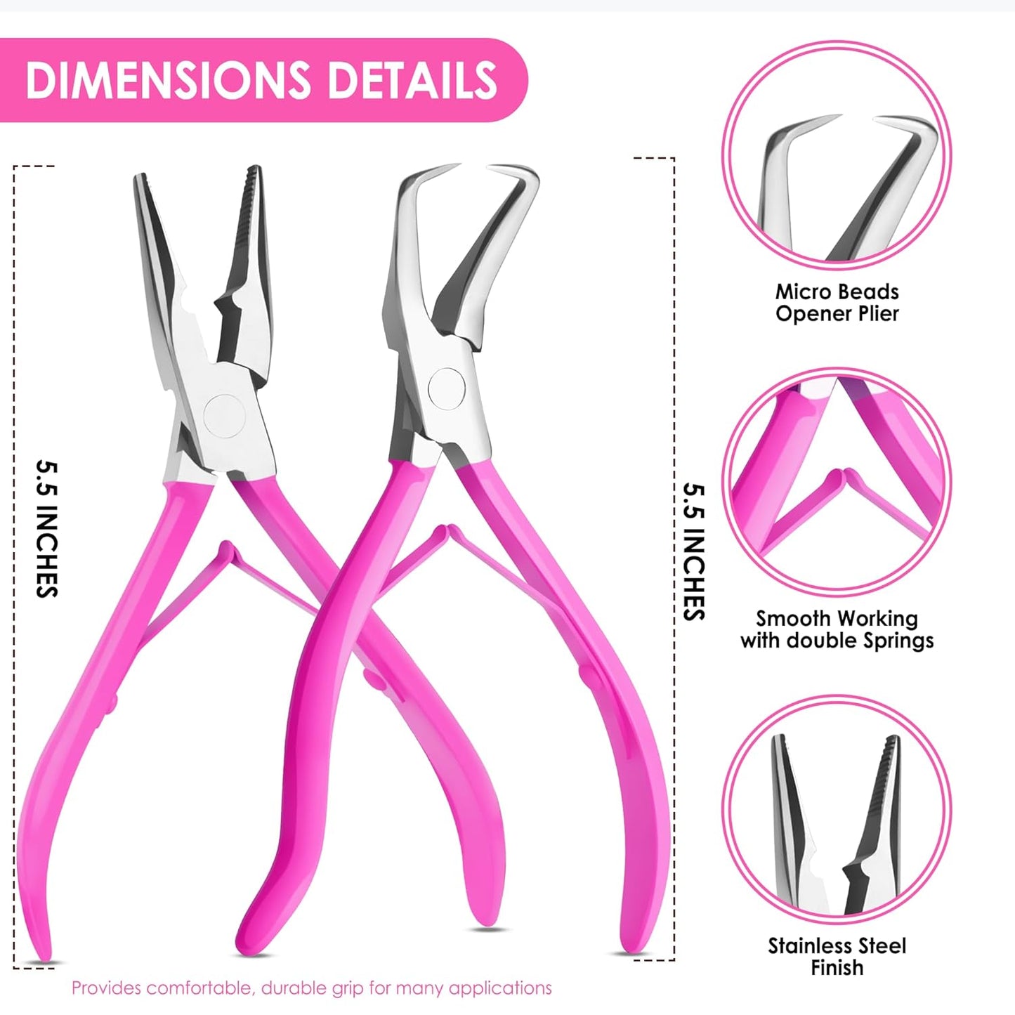 Hair Extension Tools- Stainless Steel Pliers Set for Micro Beads 1 Crochet Needle 1 Pulling Hook with Tail Comb