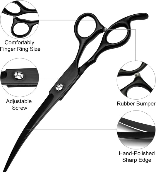 Professional Dog Grooming Scissors Set Stainless Steel Dog Grooming Kit - Thinning, Curved Scissors and Comb for Dog Cat Pet (Black 5 in1)