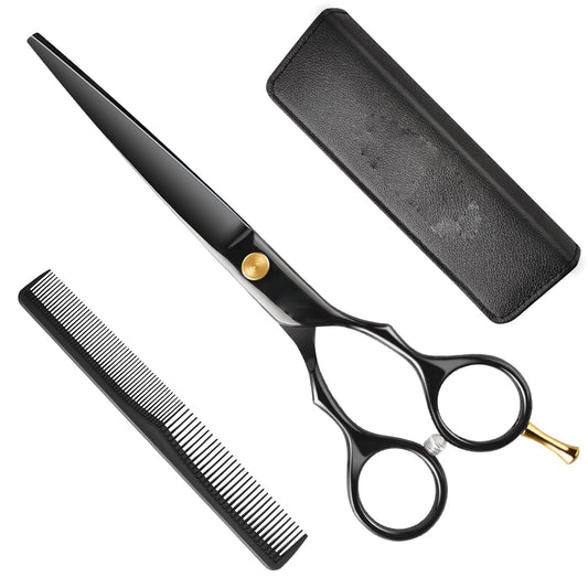 Professional Hair Scissors Set - Black Straight Shears with Gold Accents, Comb & Case