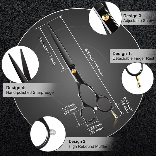Professional Hair Scissors Set - Black Straight Shears with Gold Accents, Comb & Case