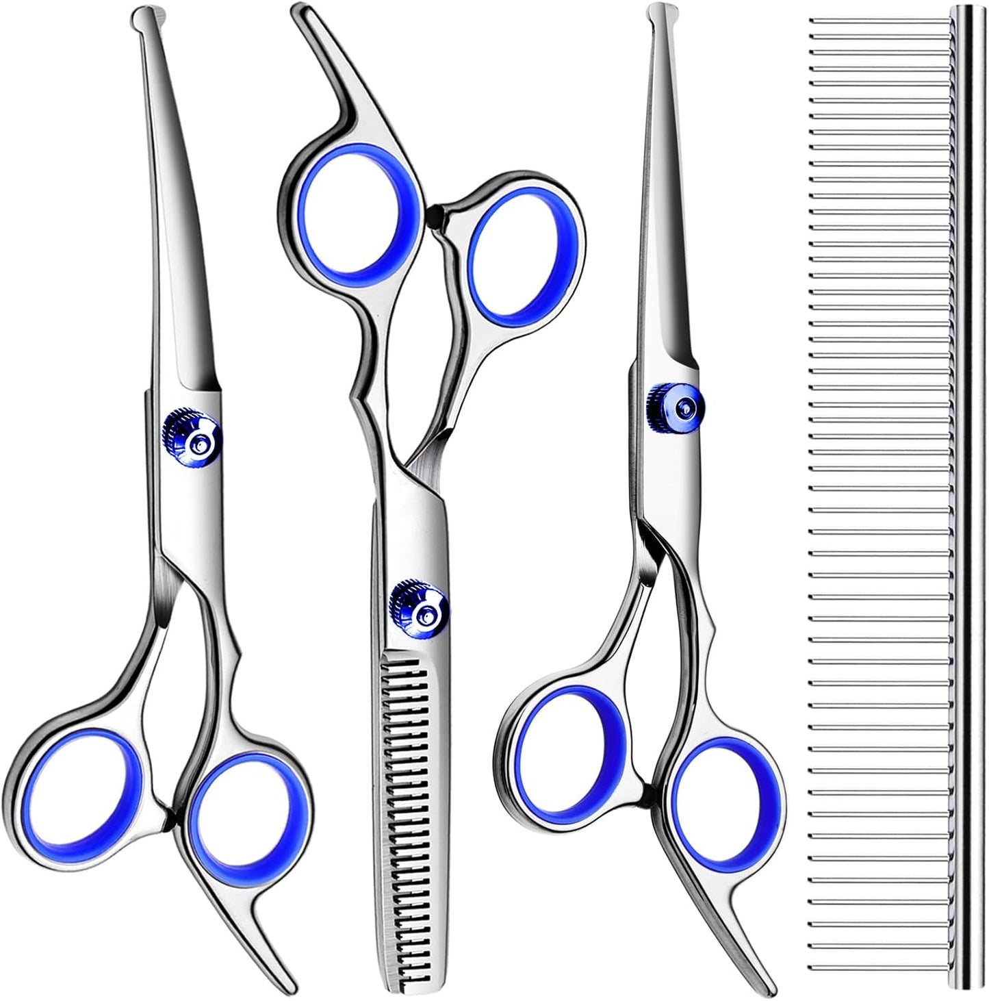 Professional Titanium Coated Dog Grooming Scissors Kit - 5-Piece Shears Set (Straight, Thinning, Curved) with Comb
