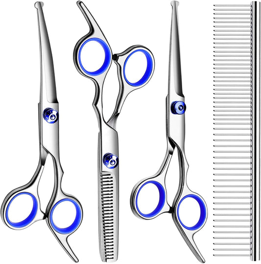 Professional Titanium Coated Dog Grooming Scissors Kit - 5-Piece Shears Set (Straight, Thinning, Curved) with Comb
