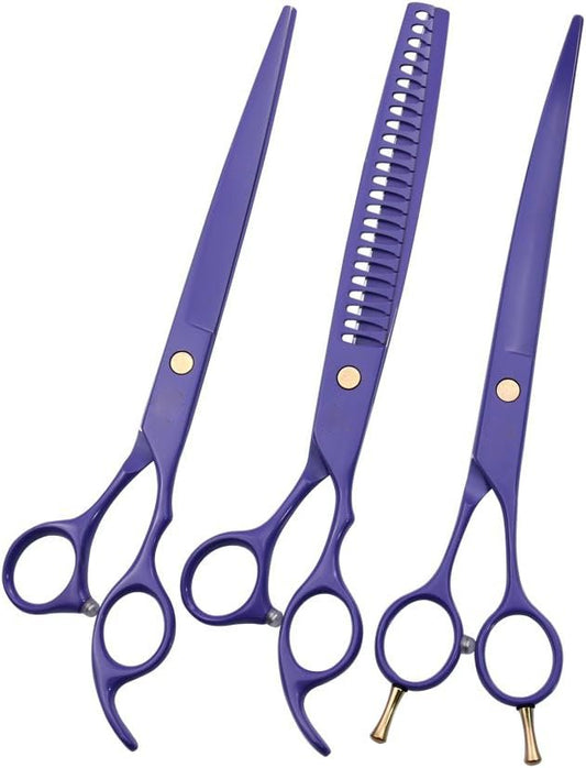 Purple Dragon Professional 8.0-inch Dog Grooming Scissors Set - Straight, Curved & Chunker Shears
