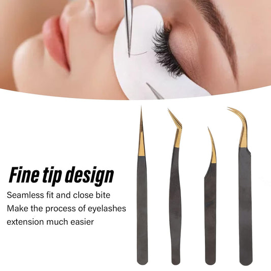 4-Piece Professional Gold Tip Eyelash Extension Tweezer Set for Salon Use