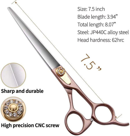 Professional 7.5-inch Dog Grooming Straight Scissors - JP440C Steel with Sharp Blades & Rose Gold Handles