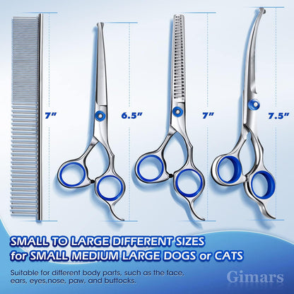 Dog Grooming Scissors Kit Professional 4CR with Safety Round Tip, 5 in 1 Heavy Duty Titanium Coated Thinning & Curved & Straight Shears