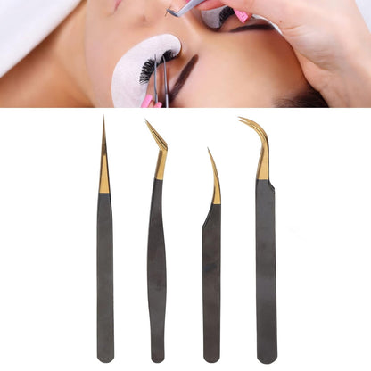 4-Piece Professional Gold Tip Eyelash Extension Tweezer Set for Salon Use