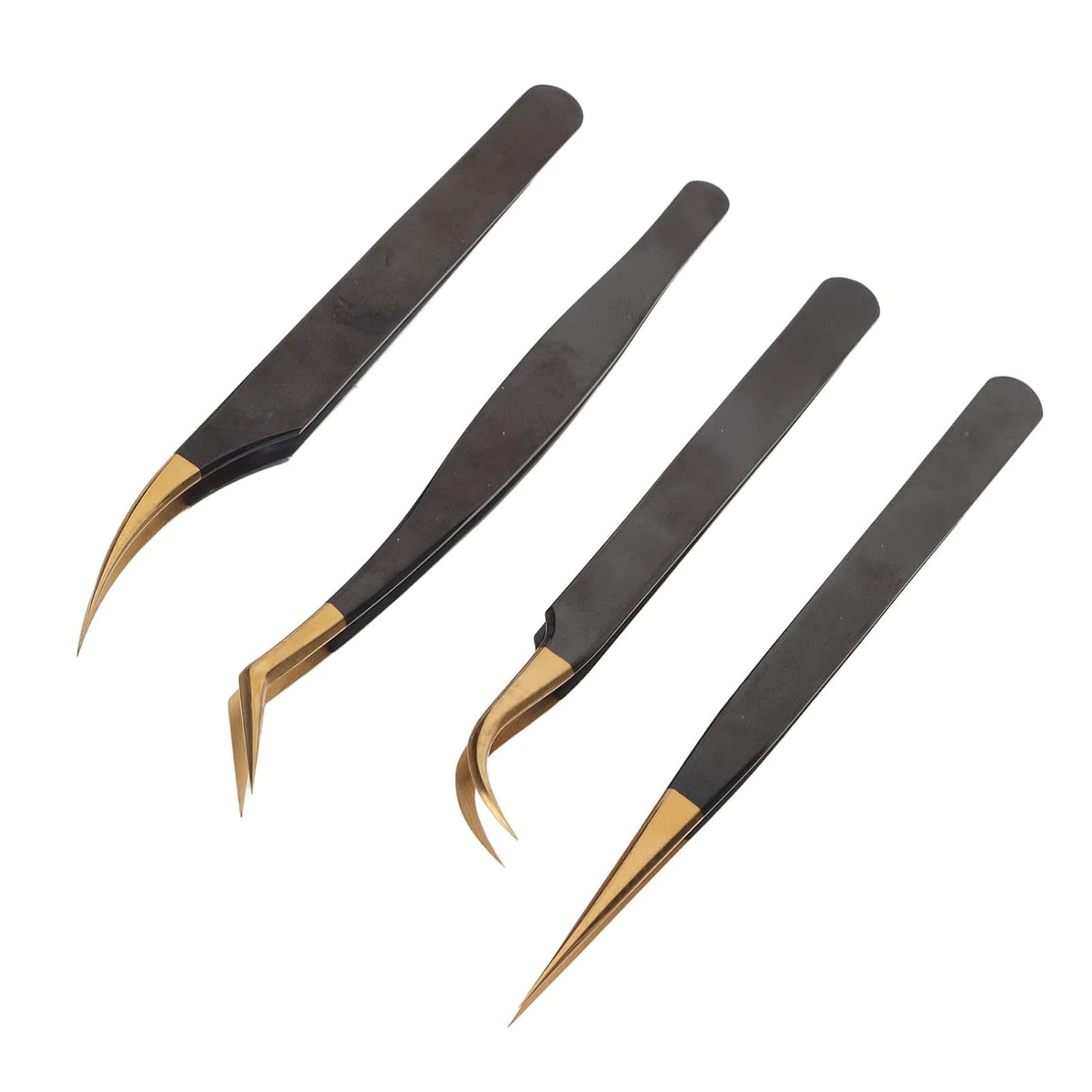 4-Piece Professional Gold Tip Eyelash Extension Tweezer Set for Salon Use
