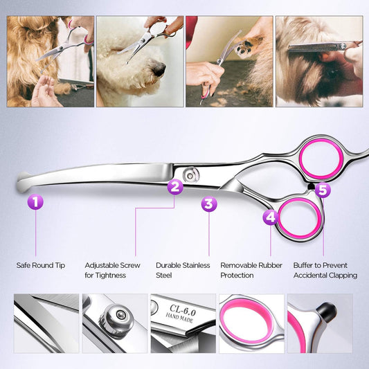 Titanium Coated Professional 6 in 1 4CR Stainless Steel Dog Grooming Scissors with Safety Round Tip, Heavy Duty Pet Grooming Scissor for Dogs, Cats and Other Animals