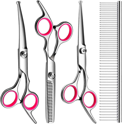 Professional Titanium Coated Dog Grooming Scissors Kit - 5-Piece Shears Set (Straight, Thinning, Curved) with Comb