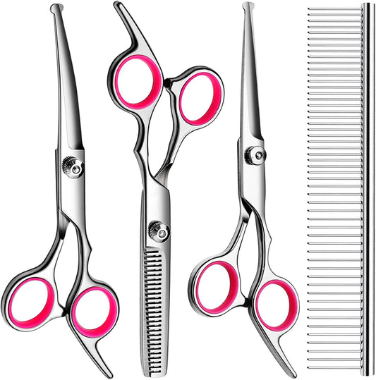 Professional Titanium Coated Dog Grooming Scissors Kit - 5-Piece Shears Set (Straight, Thinning, Curved) with Comb