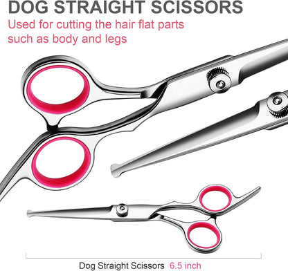 Professional Titanium Coated Dog Grooming Scissors Kit - 5-Piece Shears Set (Straight, Thinning, Curved) with Comb