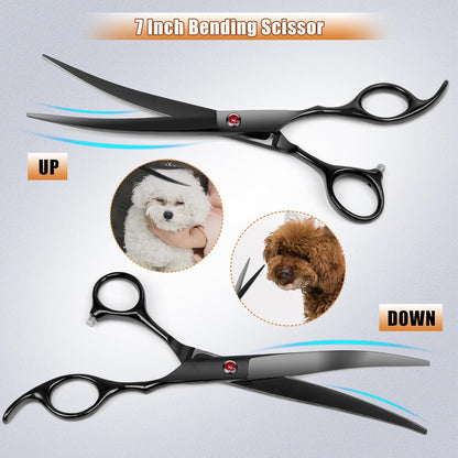 7.0in Titanium Professional Dog Grooming Scissors Set, BITE 6 in 1 Straight & Thinning & Upwards Curved & Downwards Curved Scissors & Comb for Dogs, Cats and Other Animals