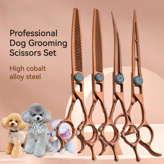 Professional Rose Gold Dog Grooming Scissors Set - 4-Piece Kit with Curved, Thinning, Straight & Chunker Shears