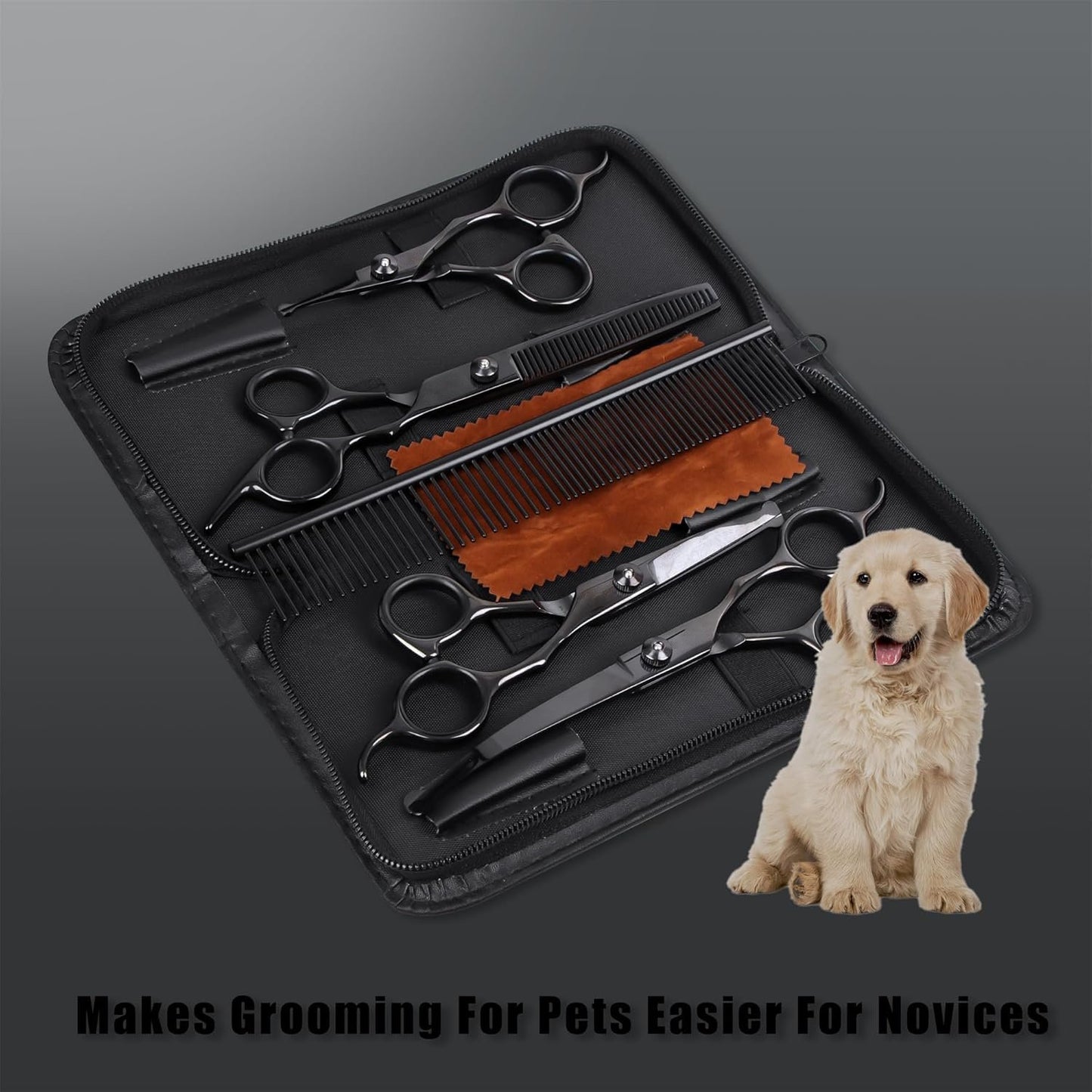 Professional 6-in-1 Titanium-Coated Dog & Cat Grooming Scissors Set - Safety Shears Kit for All Pet Sizes