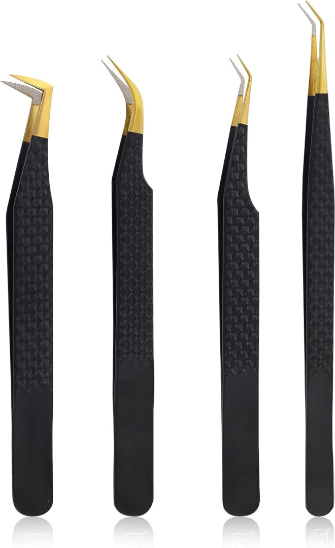 Bite Instruments Pink Eyelash Print 4-Piece Tweezer Set | Gold-Grip Lash Extensions Tweezers