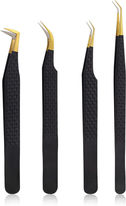 Bite Instruments Pink Eyelash Print 4-Piece Tweezer Set | Gold-Grip Lash Extensions Tweezers