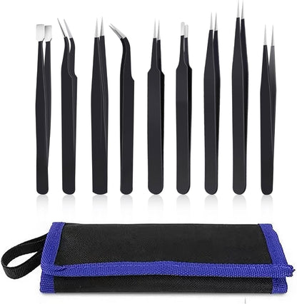 9 Pc Tweezers Set Stainless Steel For Eyelash, Jewelry-Making, etc