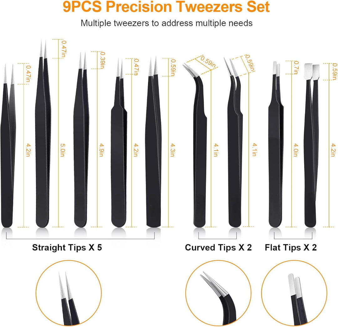 9 Pc Tweezers Set Stainless Steel For Eyelash, Jewelry-Making, etc
