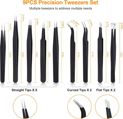 9 Pc Tweezers Set Stainless Steel For Eyelash, Jewelry-Making, etc