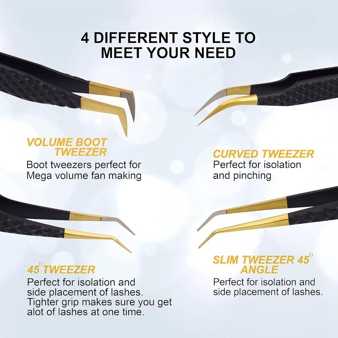 Bite Instruments Set Diamond Gold Grip Eyelash Extensions Tweezers German Stainless Steel