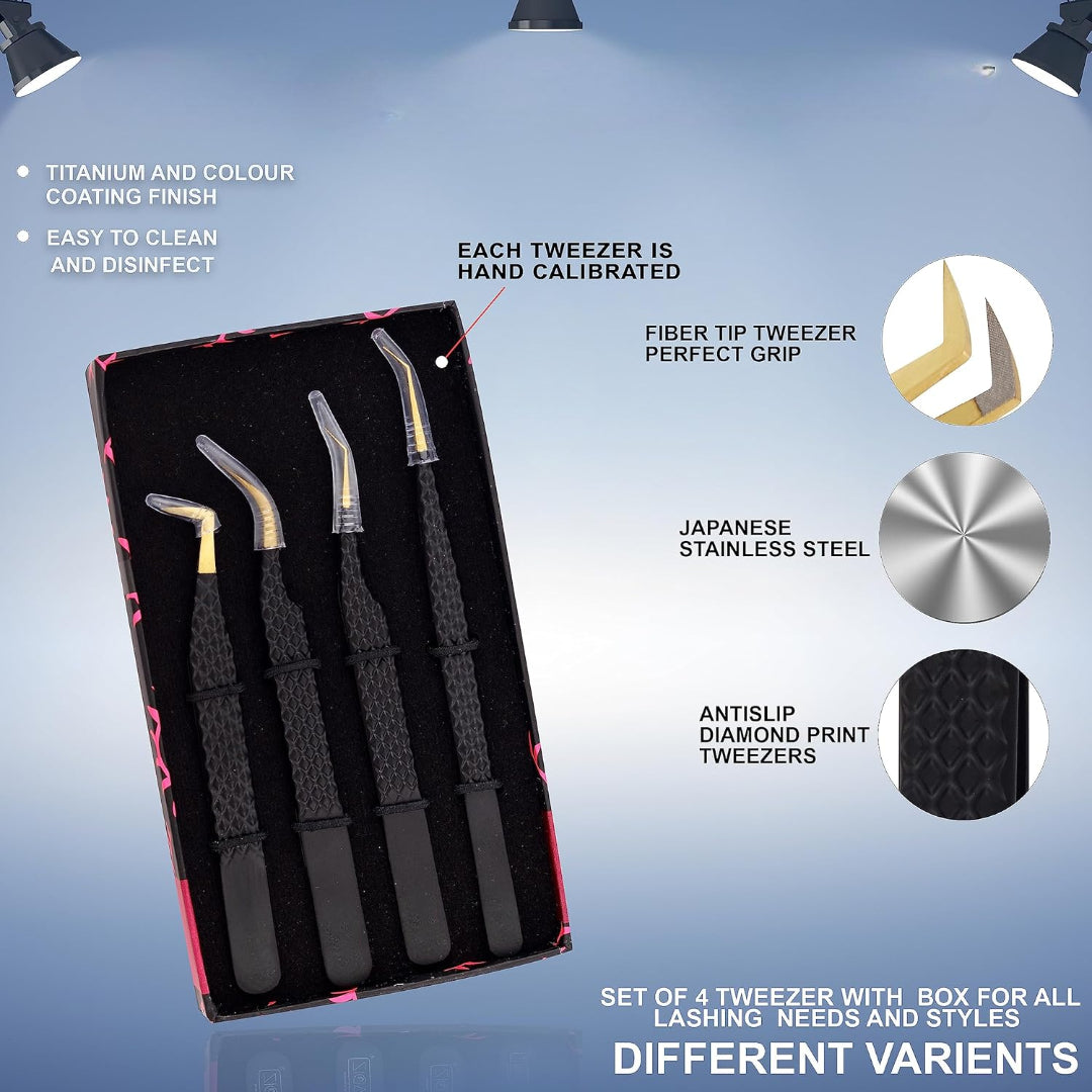 Bite Instruments Set Diamond Gold Grip Eyelash Extensions Tweezers German Stainless Steel