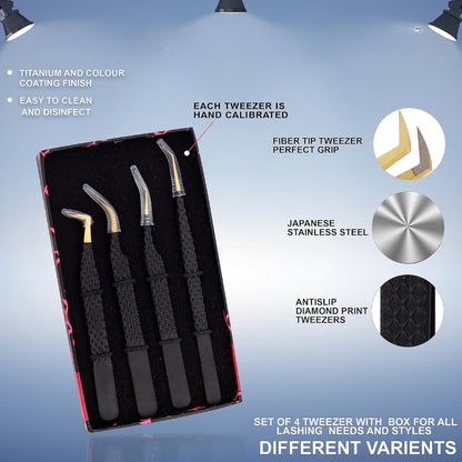 Bite Instruments Set Diamond Gold Grip Eyelash Extensions Tweezers German Stainless Steel