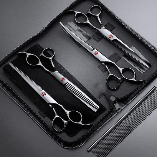 Sleek Black Professional 6-in-1 Dog Grooming Scissors Set - 4CR Stainless Steel with Safety Round Tips & Case