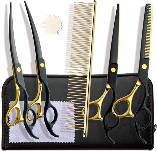 Professional 7.0in Black & Gold Pet Grooming Scissors Set - 5-in-1 Stainless Steel Kit for Dogs & Cats