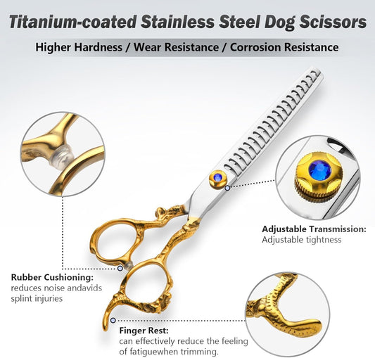 Professional Dragon Style Gold Pet Grooming Scissors Set - Curved, Thinning & Straight Shears with Case for Cats & Dogs