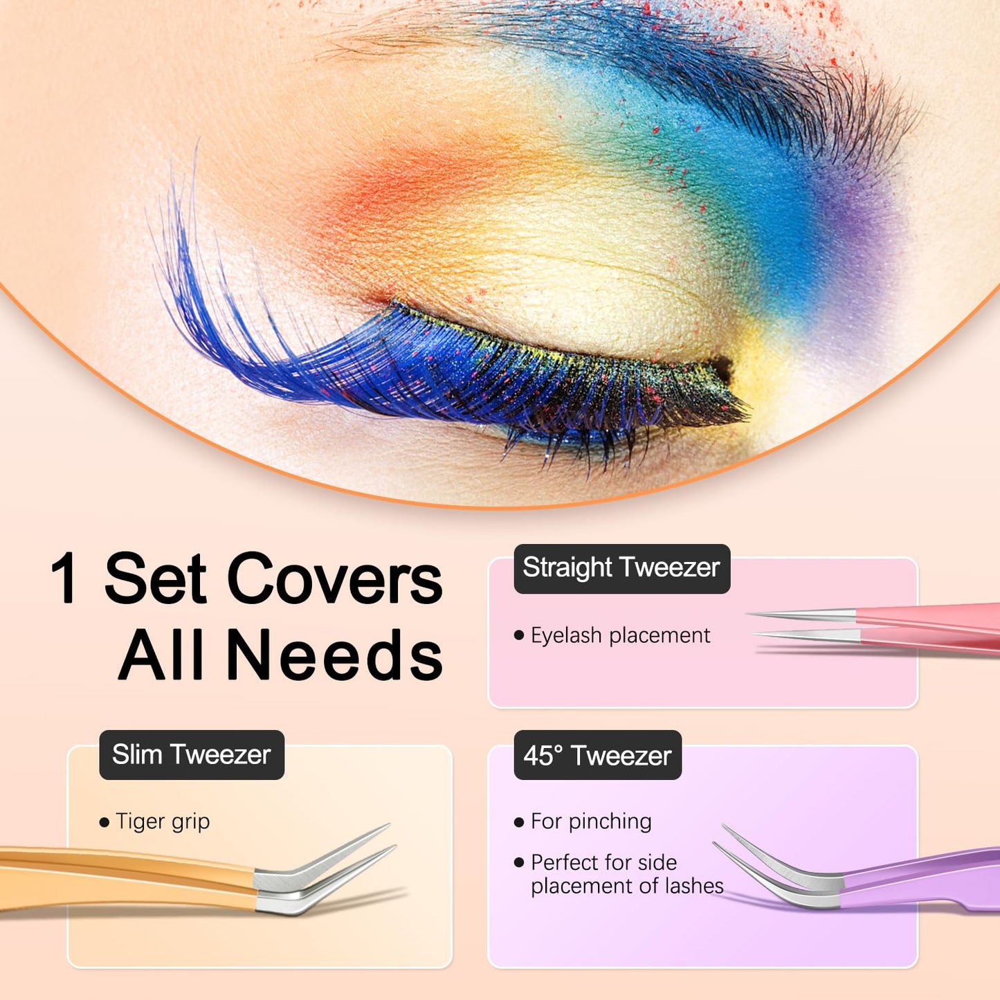 Bite Instruments 5-Piece Colorful Eyelash Tweezer Set with Case | Precision Stainless Steel Lash Extension Tools