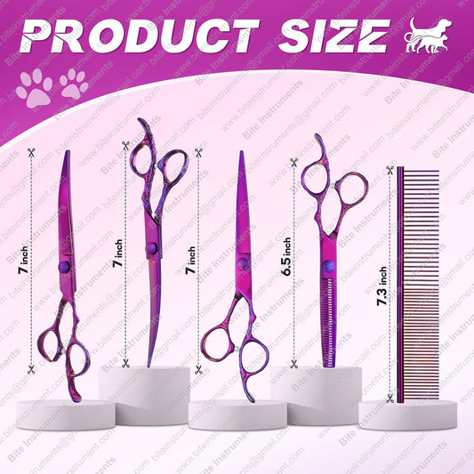 Dog Grooming Scissors Set - Professional 6 in 1 Dog Shears Kit - 6.5" Thinning, 7" Straight, 7" Up-Curved, 7" Down-curved Scissors with Comb