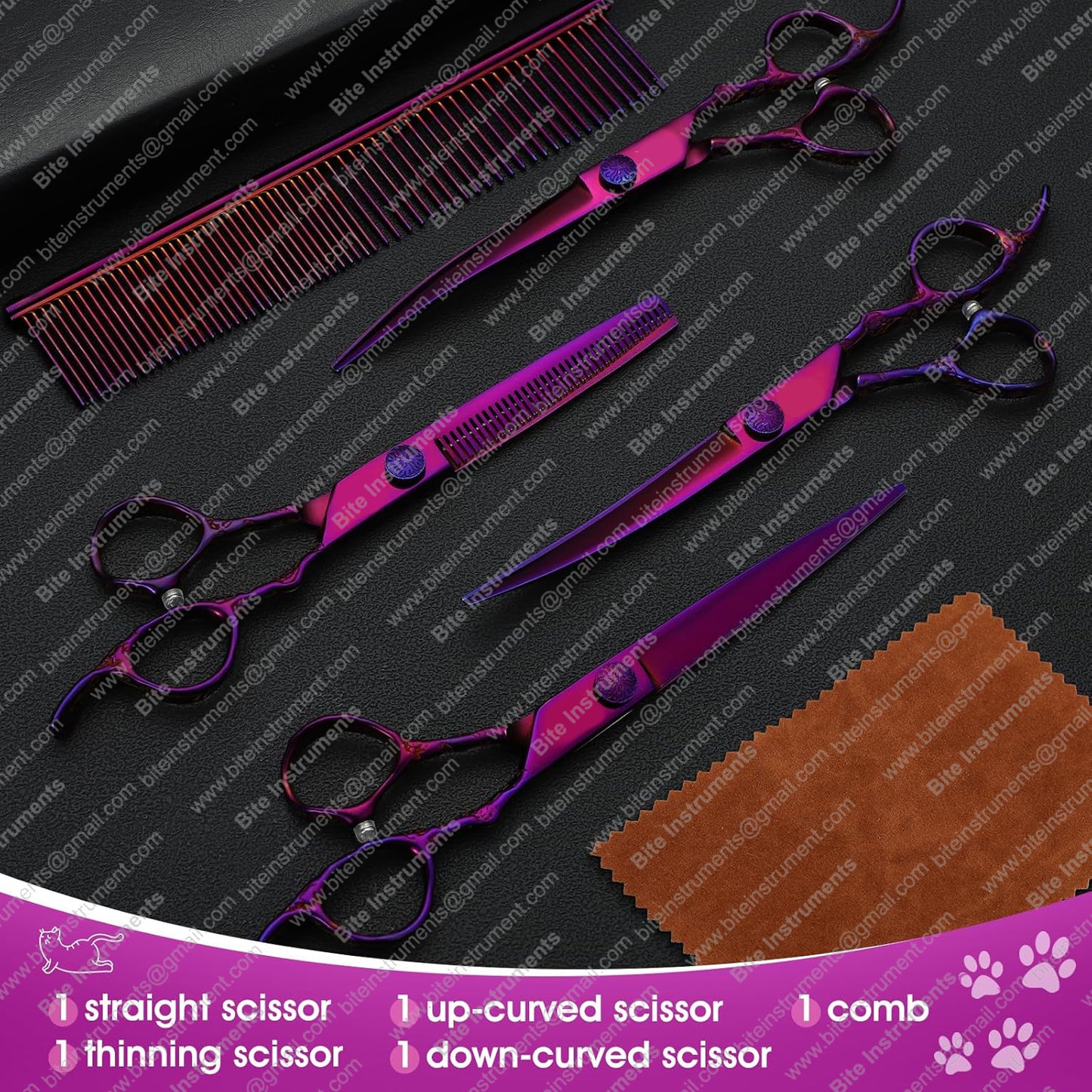 Dog Grooming Scissors Set - Professional 6 in 1 Dog Shears Kit - 6.5" Thinning, 7" Straight, 7" Up-Curved, 7" Down-curved Scissors with Comb