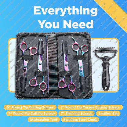Dog Grooming Scissors & Deshedder - 7 in 1 Pet Grooming Scissors Set with undercoat brush