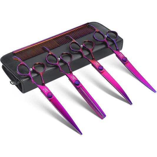 Dog Grooming Scissors Set - Professional 6 in 1 Dog Shears Kit - 6.5" Thinning, 7" Straight, 7" Up-Curved, 7" Down-curved Scissors with Comb