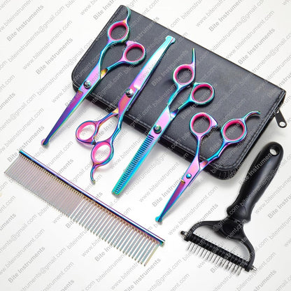 Dog Grooming Scissors & Deshedder - 7 in 1 Pet Grooming Scissors Set with undercoat brush