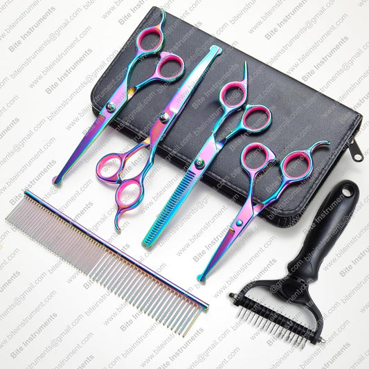 Dog Grooming Scissors & Deshedder - 7 in 1 Pet Grooming Scissors Set with undercoat brush