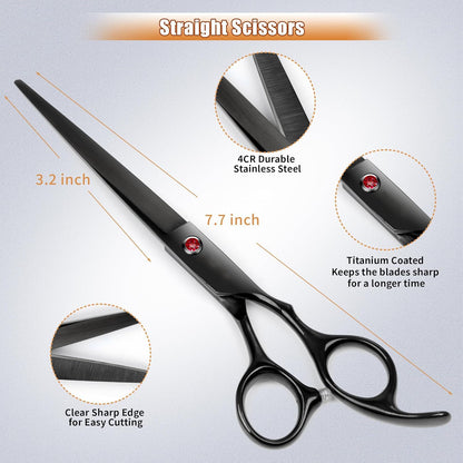 7.0in Titanium Professional Dog Grooming Scissors Set, BITE 6 in 1 Straight & Thinning & Upwards Curved & Downwards Curved Scissors & Comb for Dogs, Cats and Other Animals