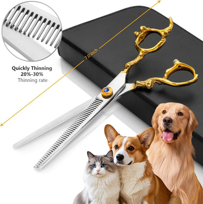 Professional Dragon Style Gold Pet Grooming Scissors Set - Curved, Thinning & Straight Shears with Case for Cats & Dogs