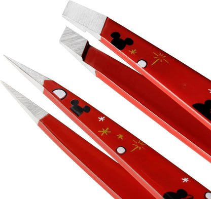 Professional 2PcsTweezer Set [Red] – Stainless Steel Slant & Pointed Tips for Eyebrow