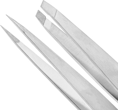 Professional 2PcsTweezer Set [Red] – Stainless Steel Slant & Pointed Tips for Eyebrow