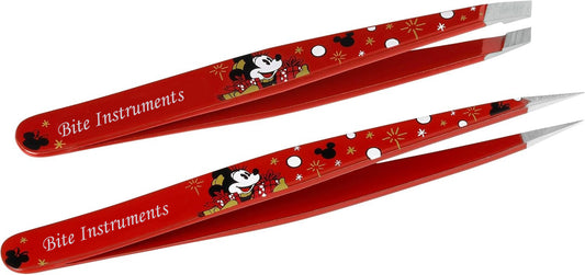 Professional 2PcsTweezer Set [Red] – Stainless Steel Slant & Pointed Tips for Eyebrow
