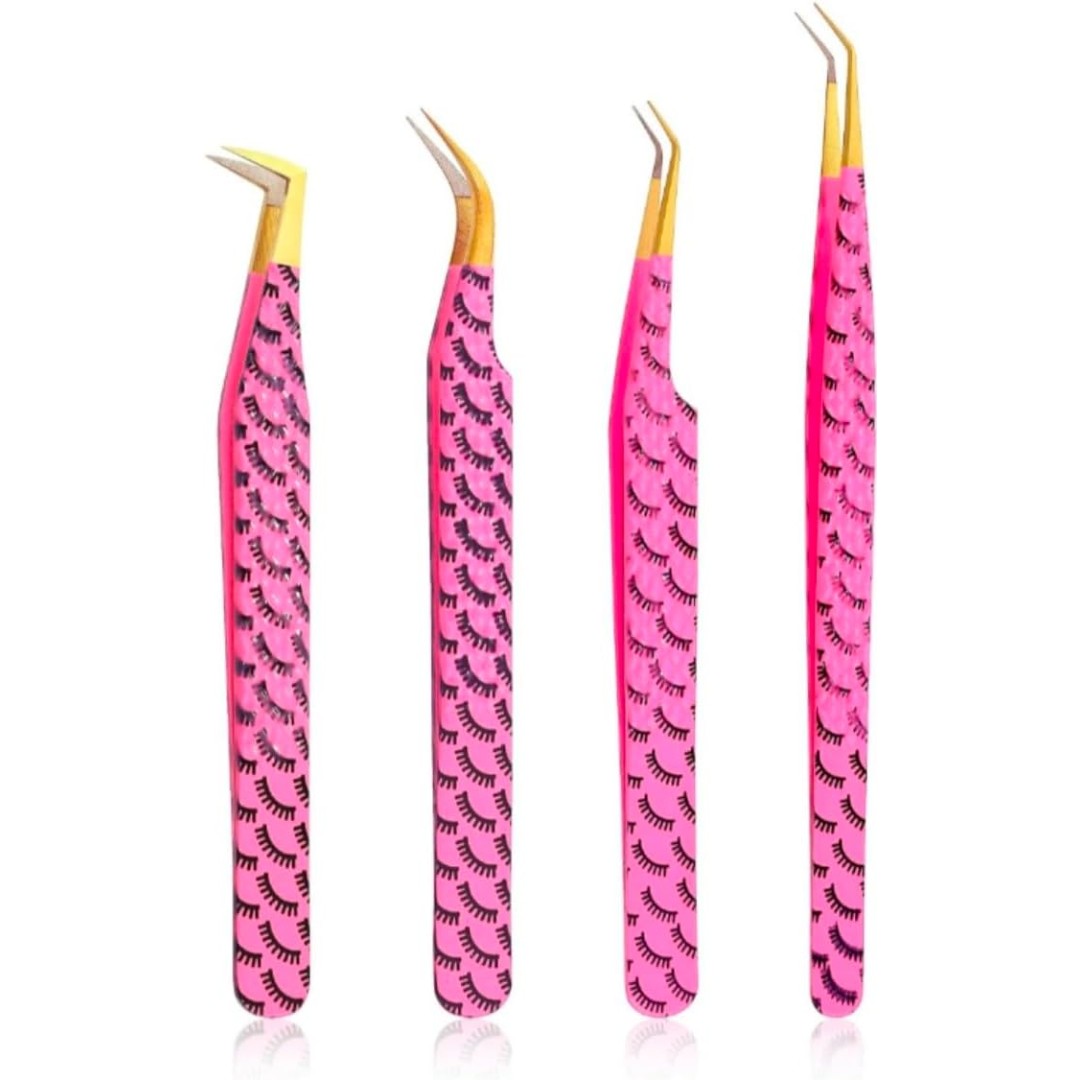 Bite Instruments Pink Eyelash Print 4-Piece Tweezer Set | Gold-Grip Lash Extensions Tweezers