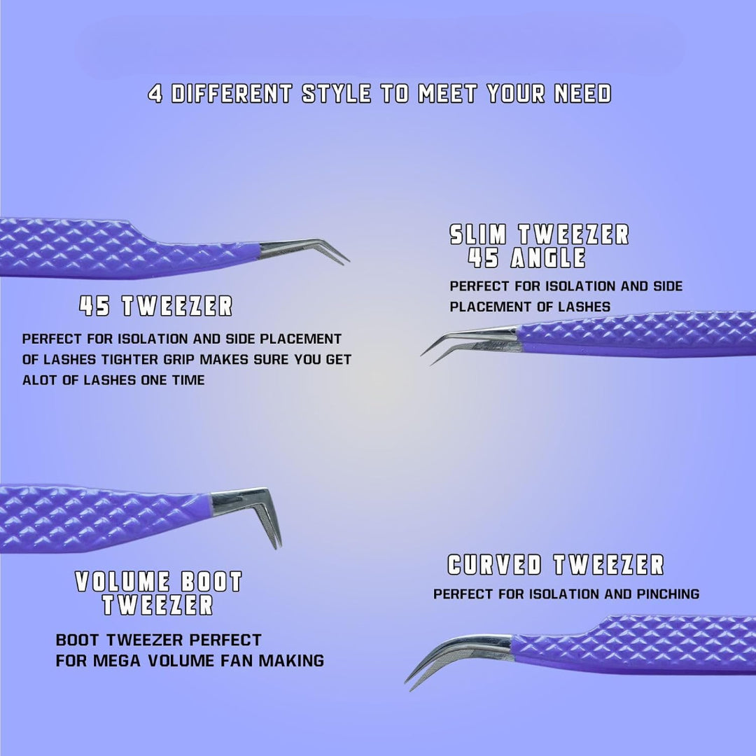 4-Piece Eyelash Tweezer Set | Stainless Steel Lash Tools for Volume Extensions Tweezer